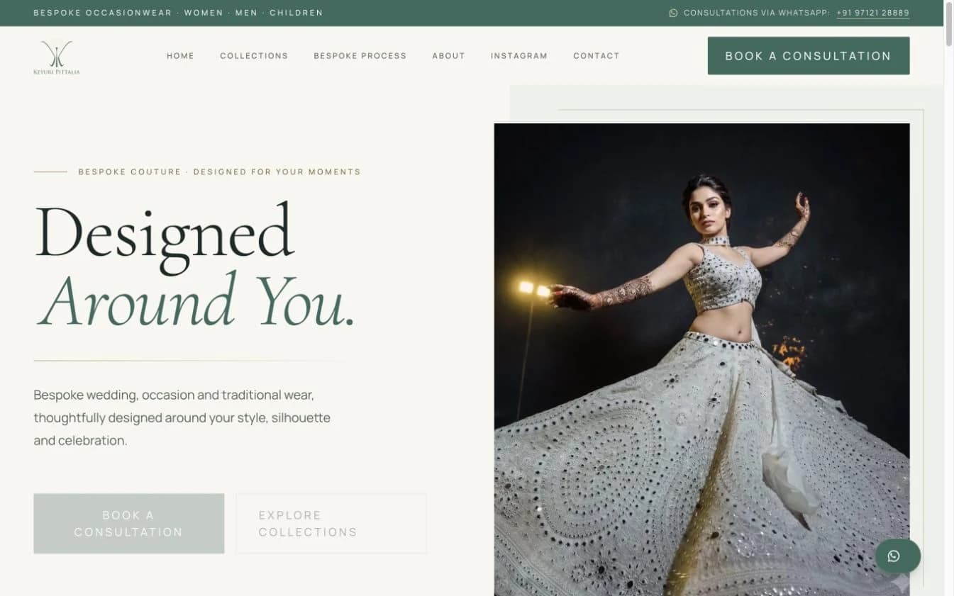 Keyuri Pittalia’s bespoke fashion website, featuring the Designed Around You headline and a bridal ensemble